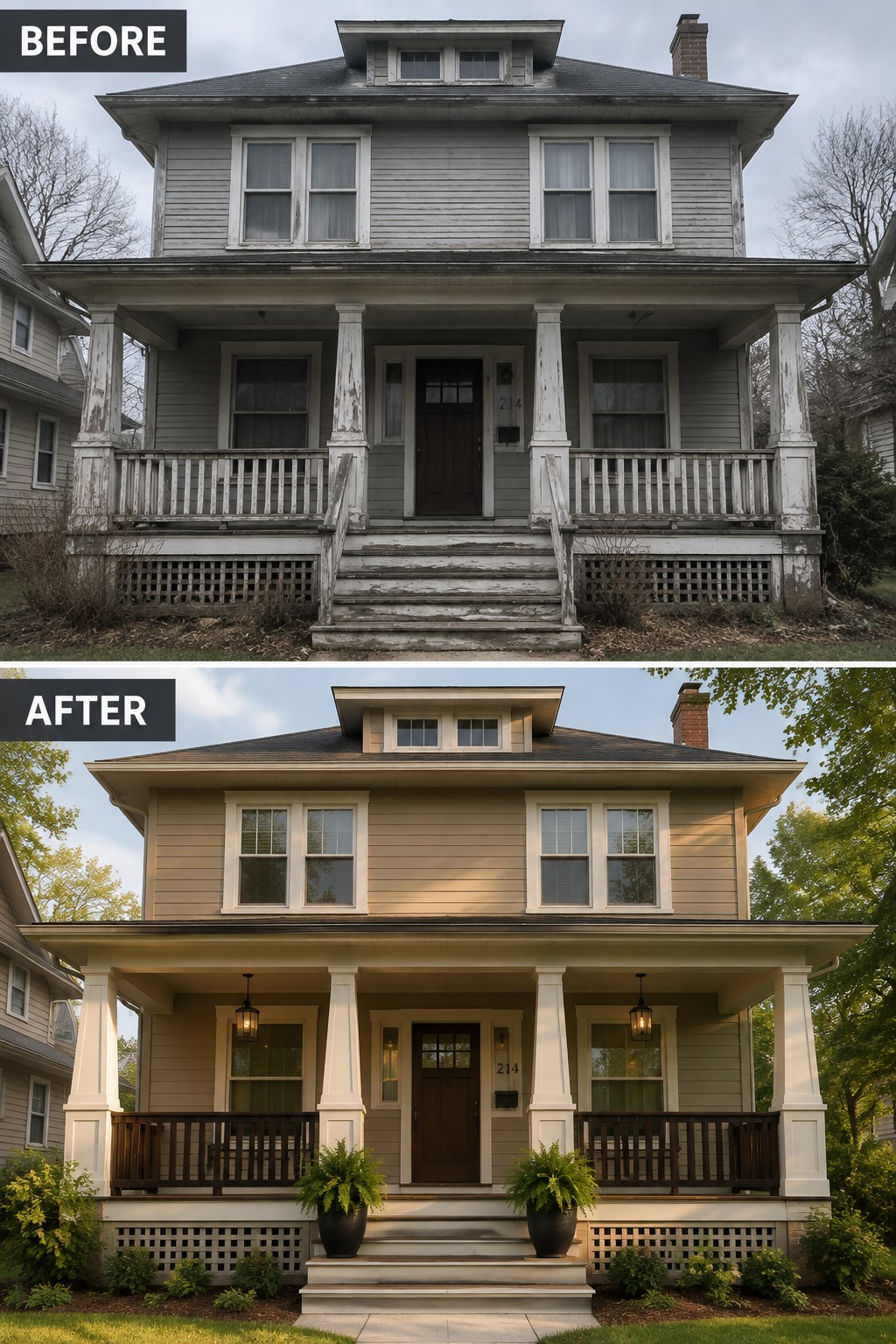 Before-and-after view of a two-story house repainted from peeling gray to fresh beige with updated porch.