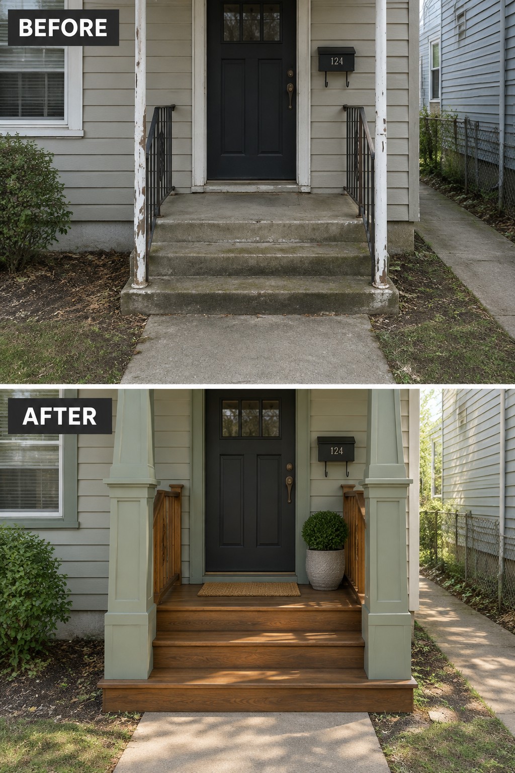 Before and after porch renovation showing new wooden steps and green painted columns