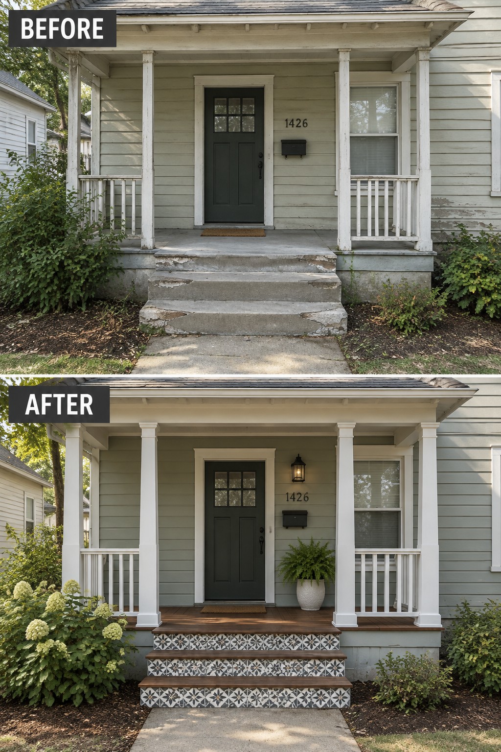 Before and after porch renovation with tiled steps, potted fern, and fresh paint