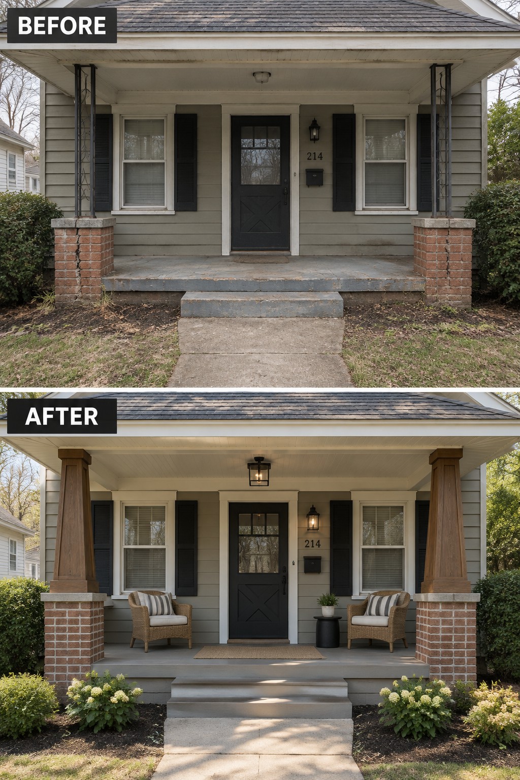 Before and after porch remodel with wood columns, wicker chairs, and plants.