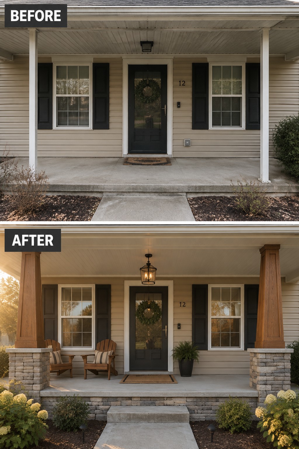 Before-and-after porch renovation with wooden columns, chairs, lantern, and landscaping.