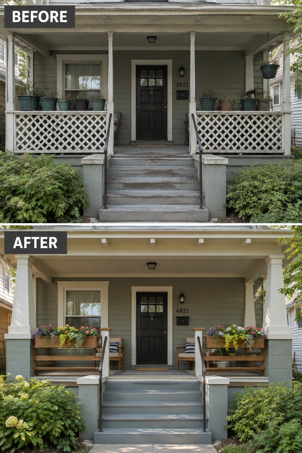 Before-and-after porch renovation with new wooden benches and colorful flower planters.