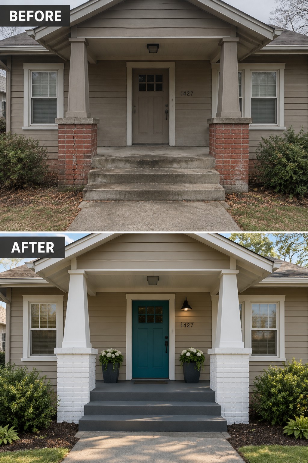 Before and after house porch with red brick to white pillars and teal door