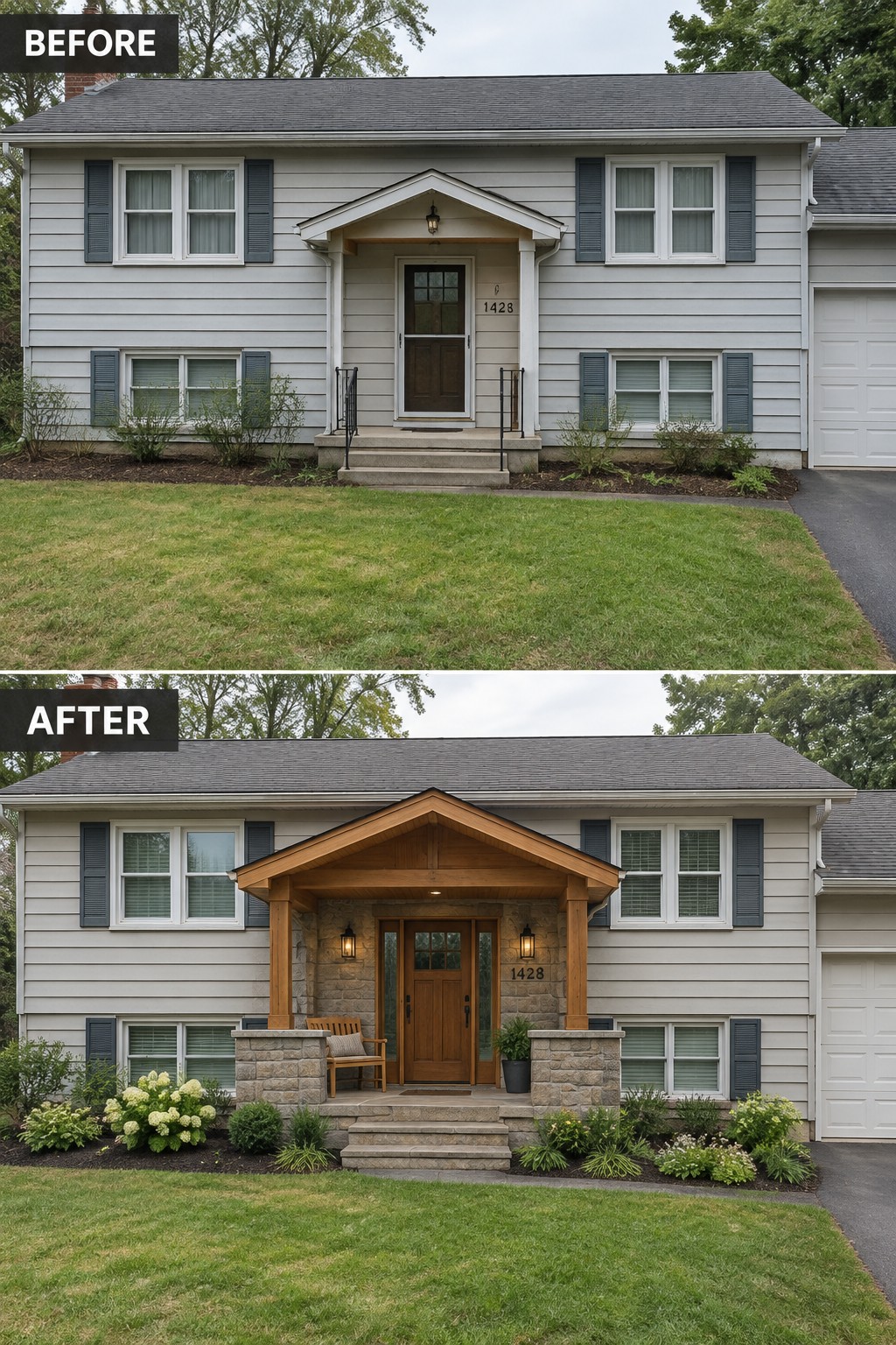 Before and after house exterior with upgraded wooden porch and stone pillars