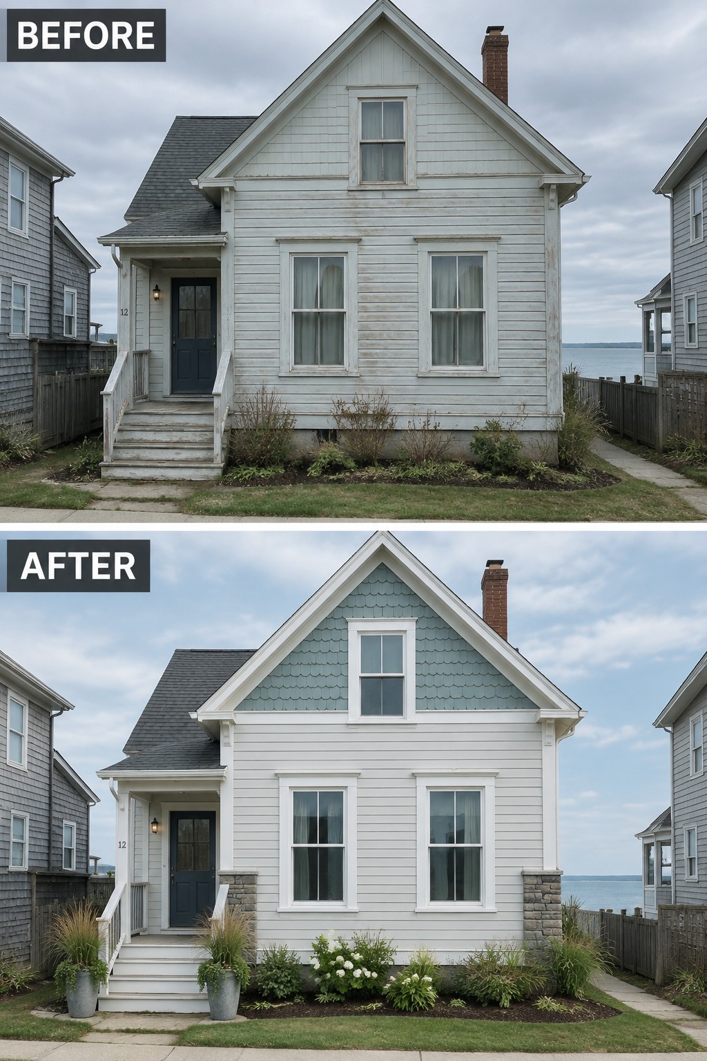 Before and after of a white two-story house with renovated landscaping and paint.