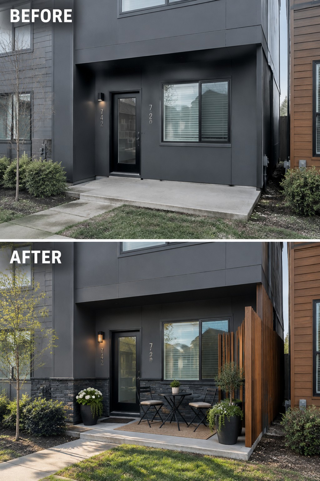 Before and after of dark modern house entrance with added patio furniture and plants.