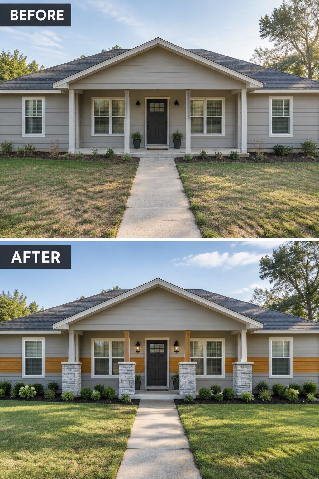 Before and after house exterior with updated siding, stone columns, and landscaping.