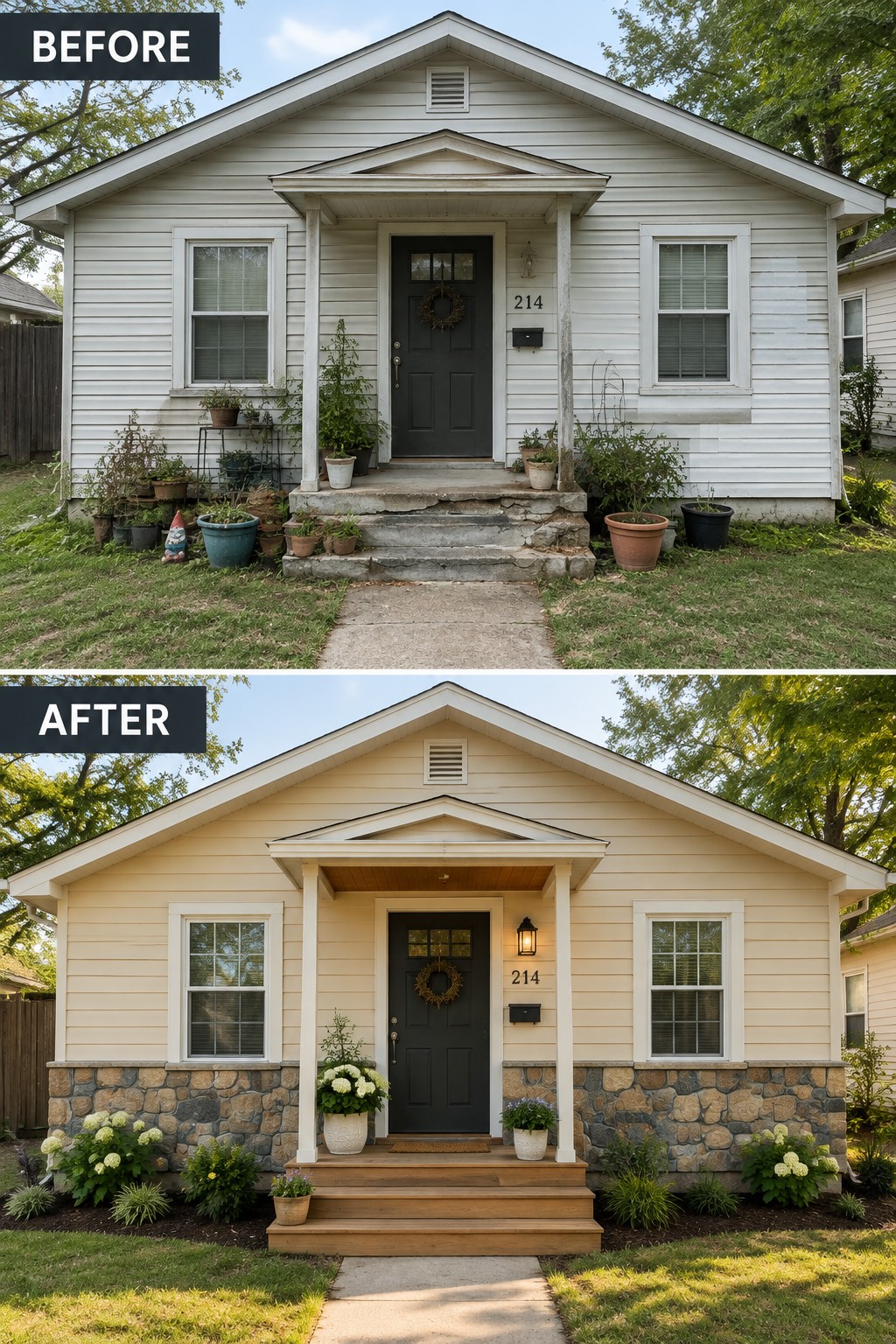 Before and after views of house exterior with new paint, porch, and landscaping.