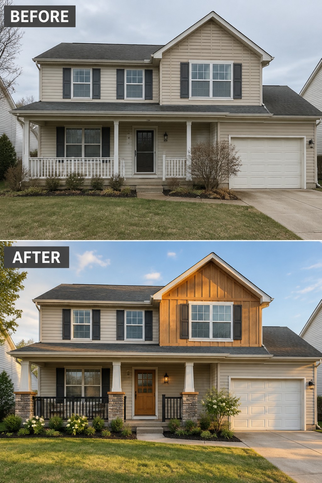 Before and after renovation of a two-story beige house with porch and garage.