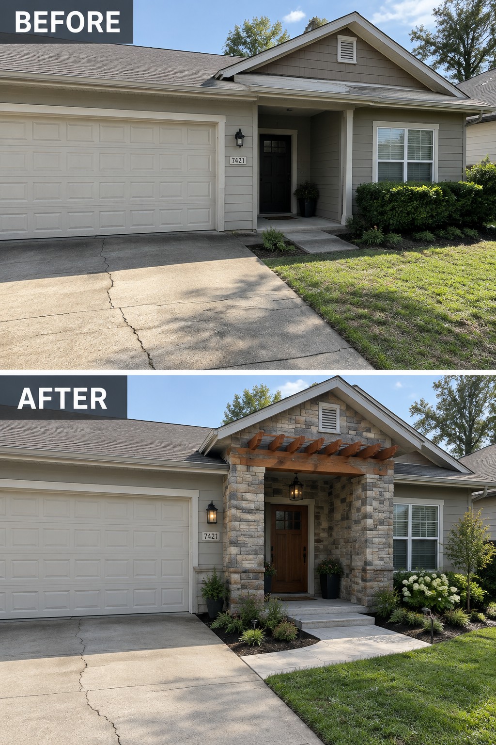 Before and after views of house with stone porch, pergola, and new landscaping