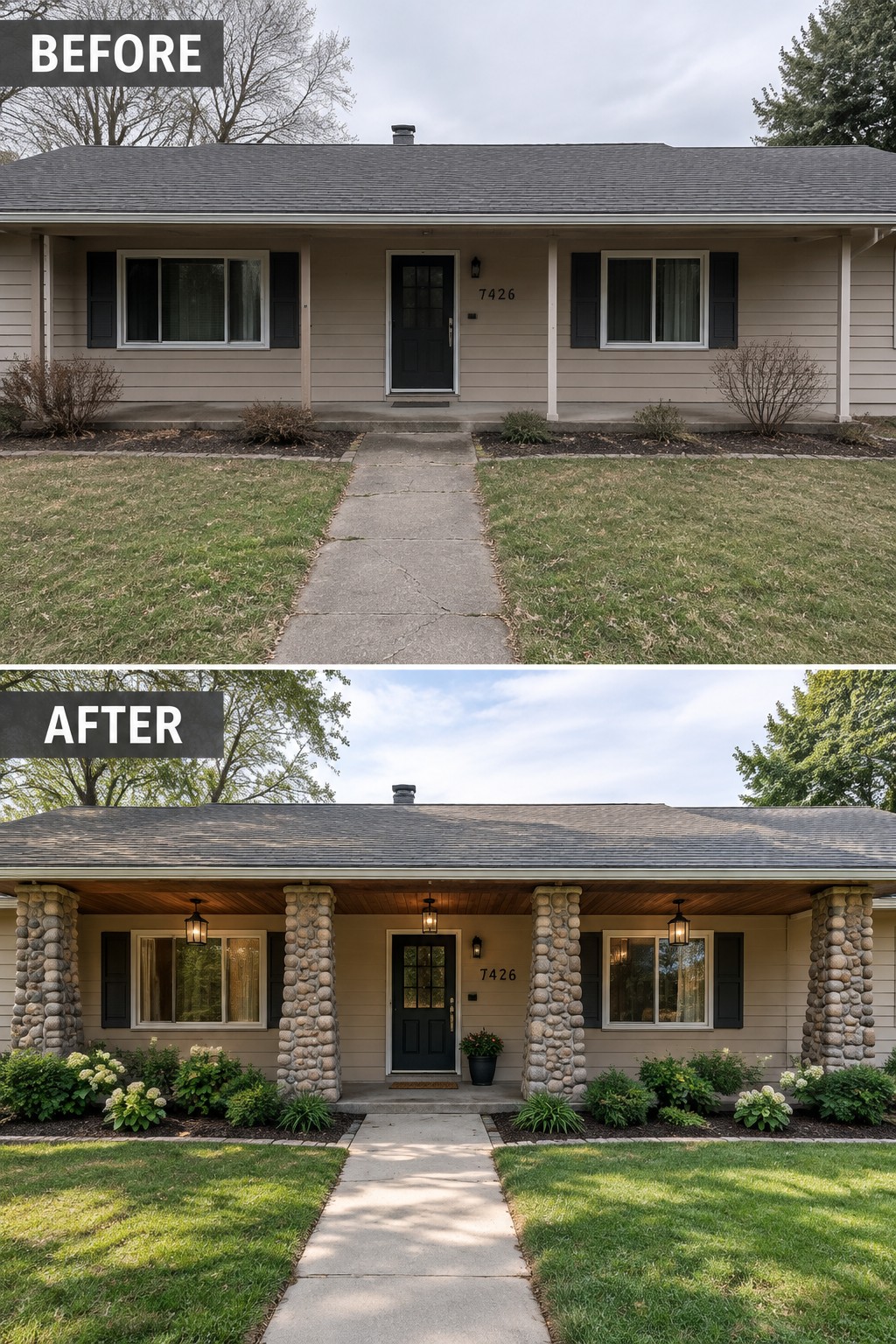 Before and after views of house with stone porch columns, updated landscaping, and lighting.