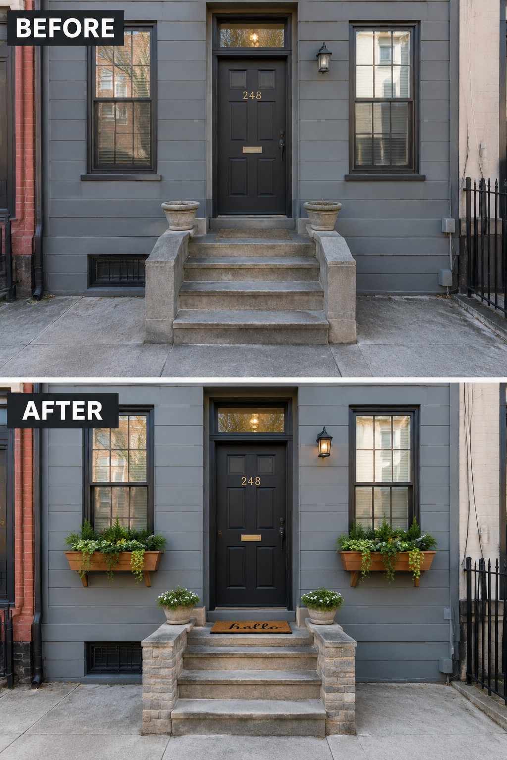 Before and after of gray house entrance with added window boxes and planters.