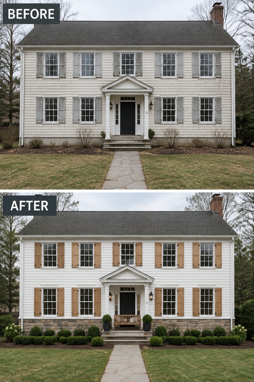 Before and after of white two-story house with updated shutters, stone foundation and landscaping