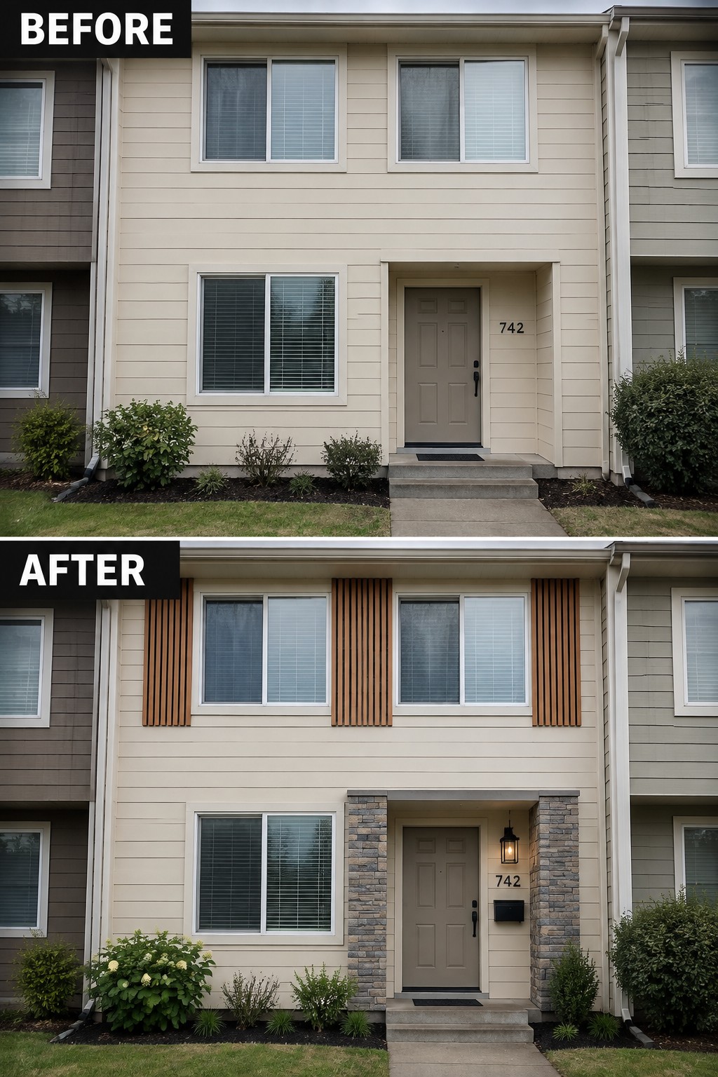 Before-and-after image of a beige townhouse exterior updated with vertical wood accents beside the windows and stone veneer framing the front entry.
