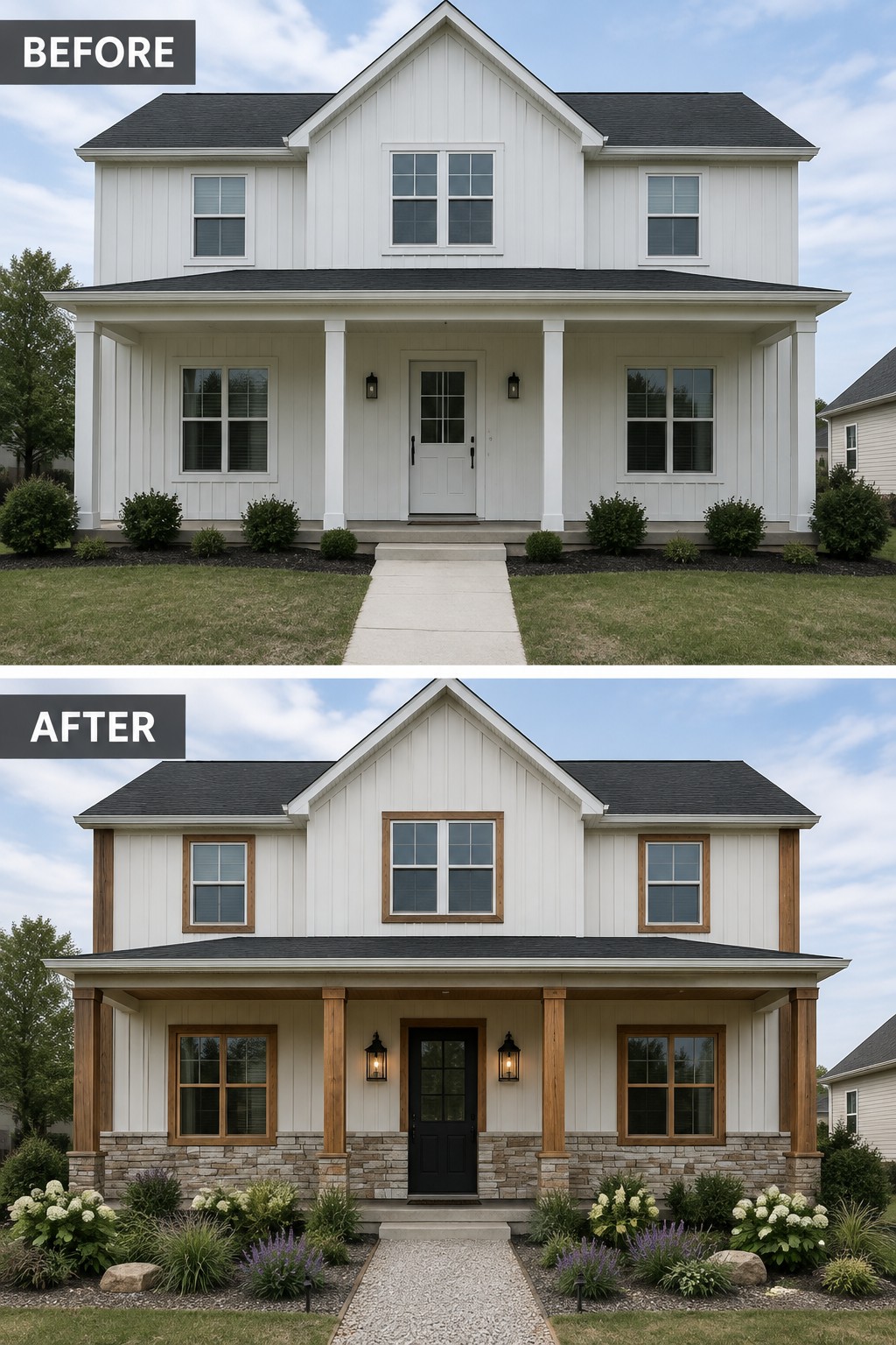 Before and after views of white two-story house with porch, windows, and landscaping updates