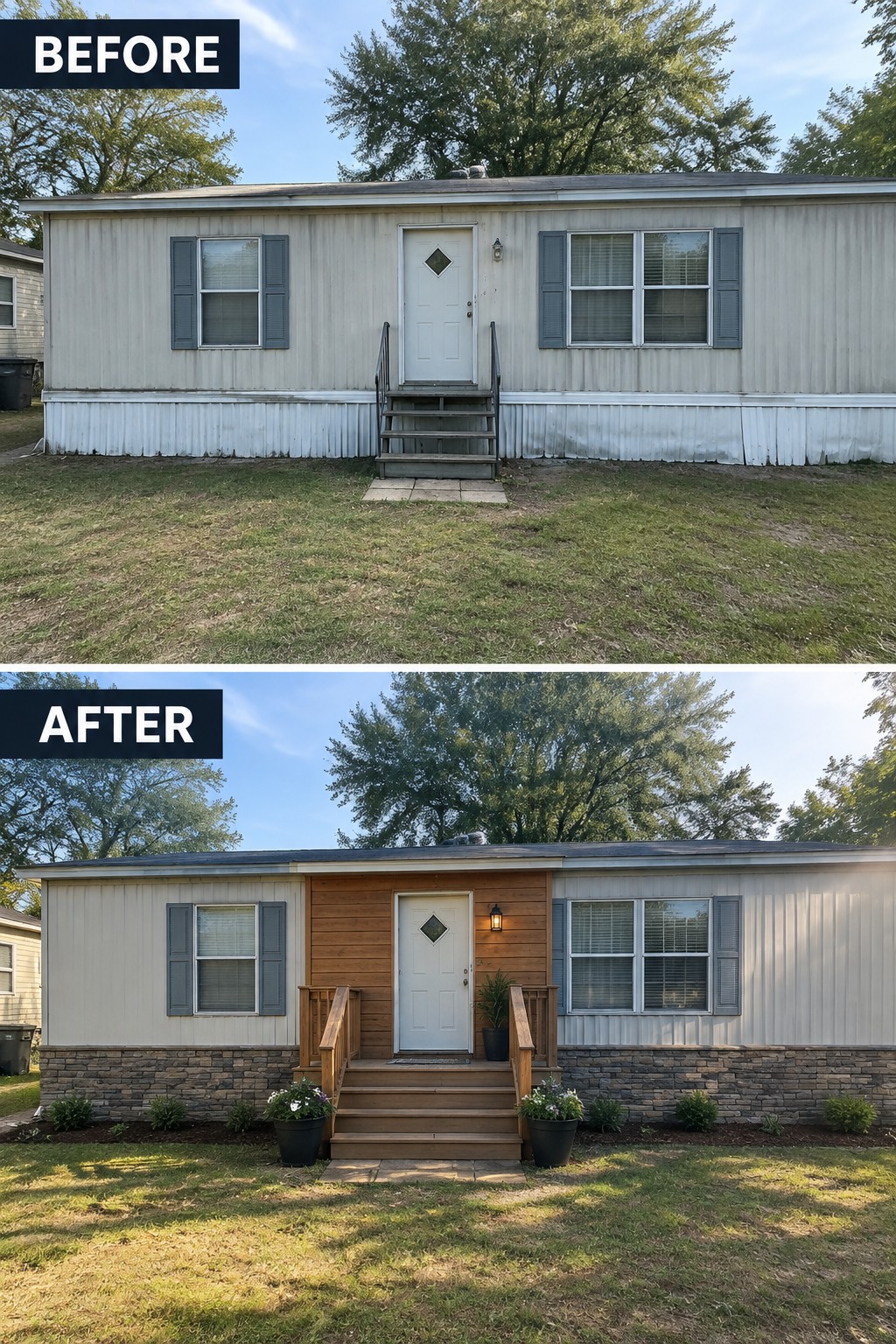 Before and after of beige mobile home with new wood porch, stone base, and plants.