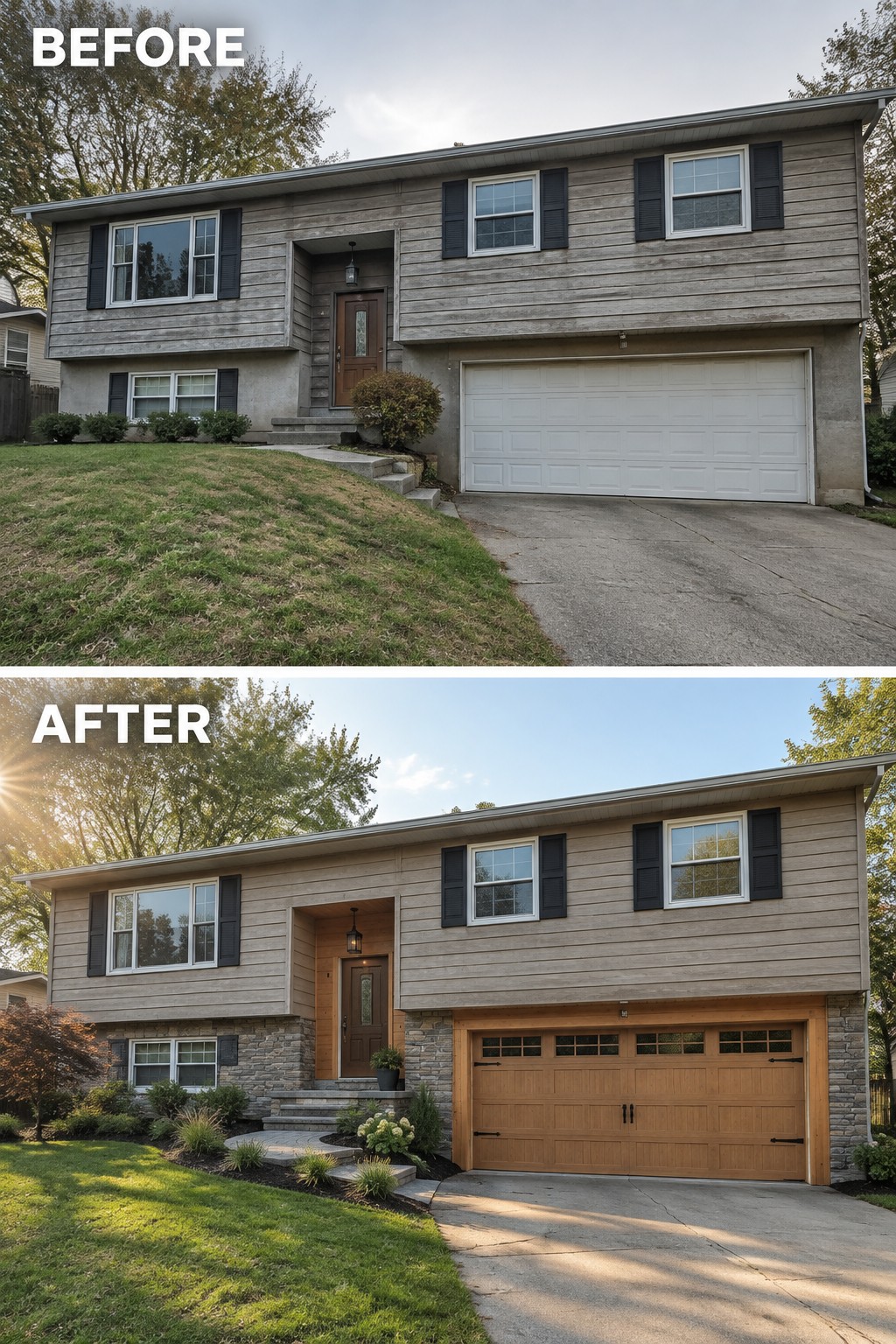 Before and after two-story house renovation with wooden garage door and stone accents
