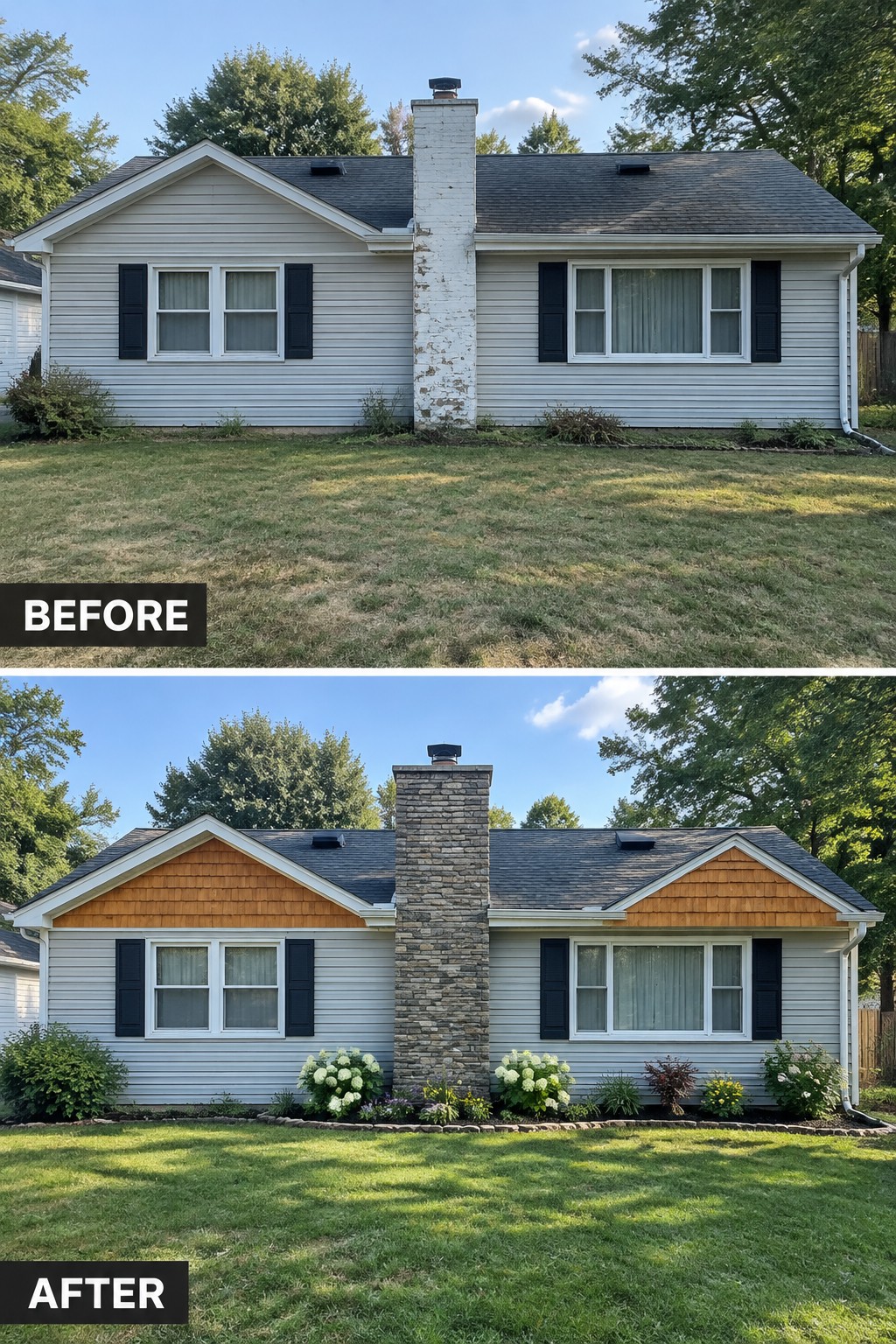 Before and after of house with stone chimney, cedar gables, and added landscaping