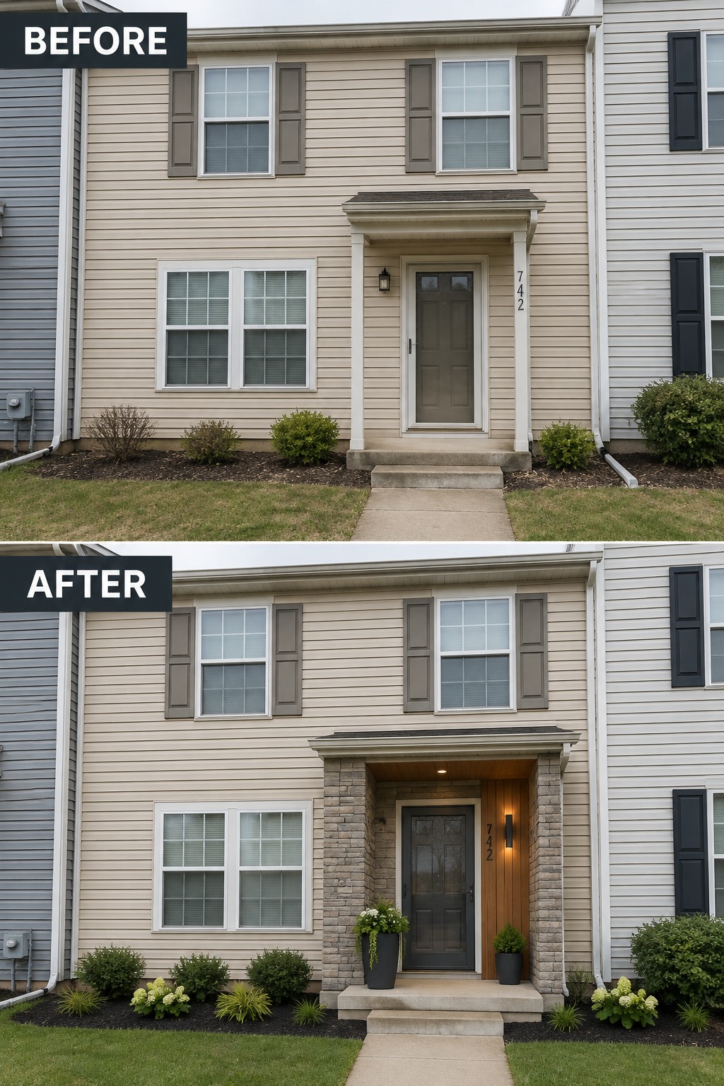 Before-and-after image of a townhouse exterior with a plain entry updated using stone columns and wood accents around the door.