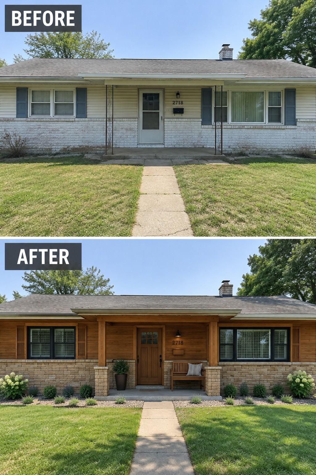 Before-and-after view of house exterior renovated with wood siding, stone porch, and landscaping.