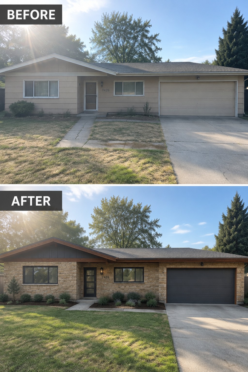 Before-and-after image of a house exterior updated with stone veneer, wood trim accents, a darker garage door, and new garden beds.