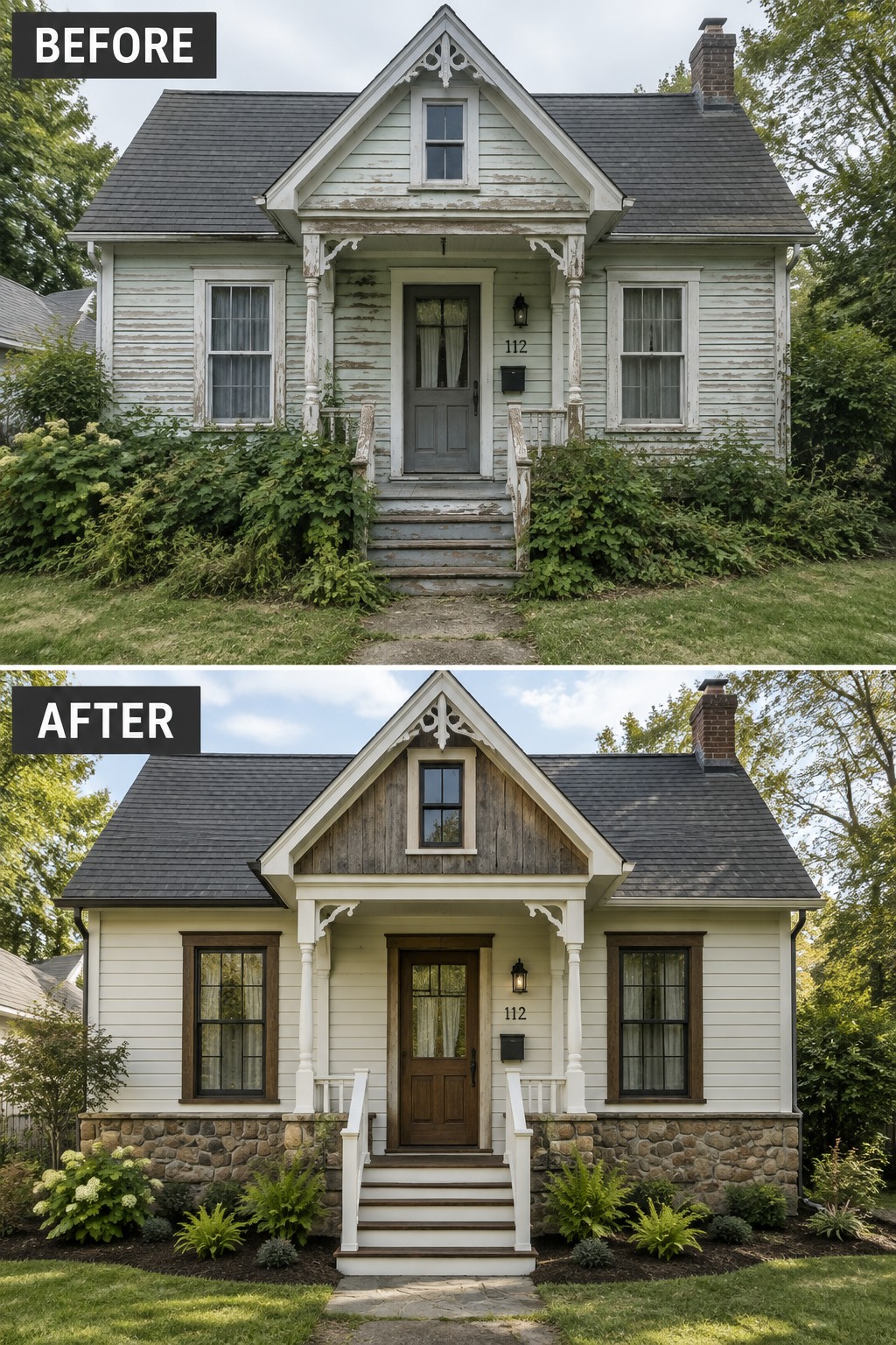 Before-and-after house exterior: peeling green paint versus fresh white with stone base.