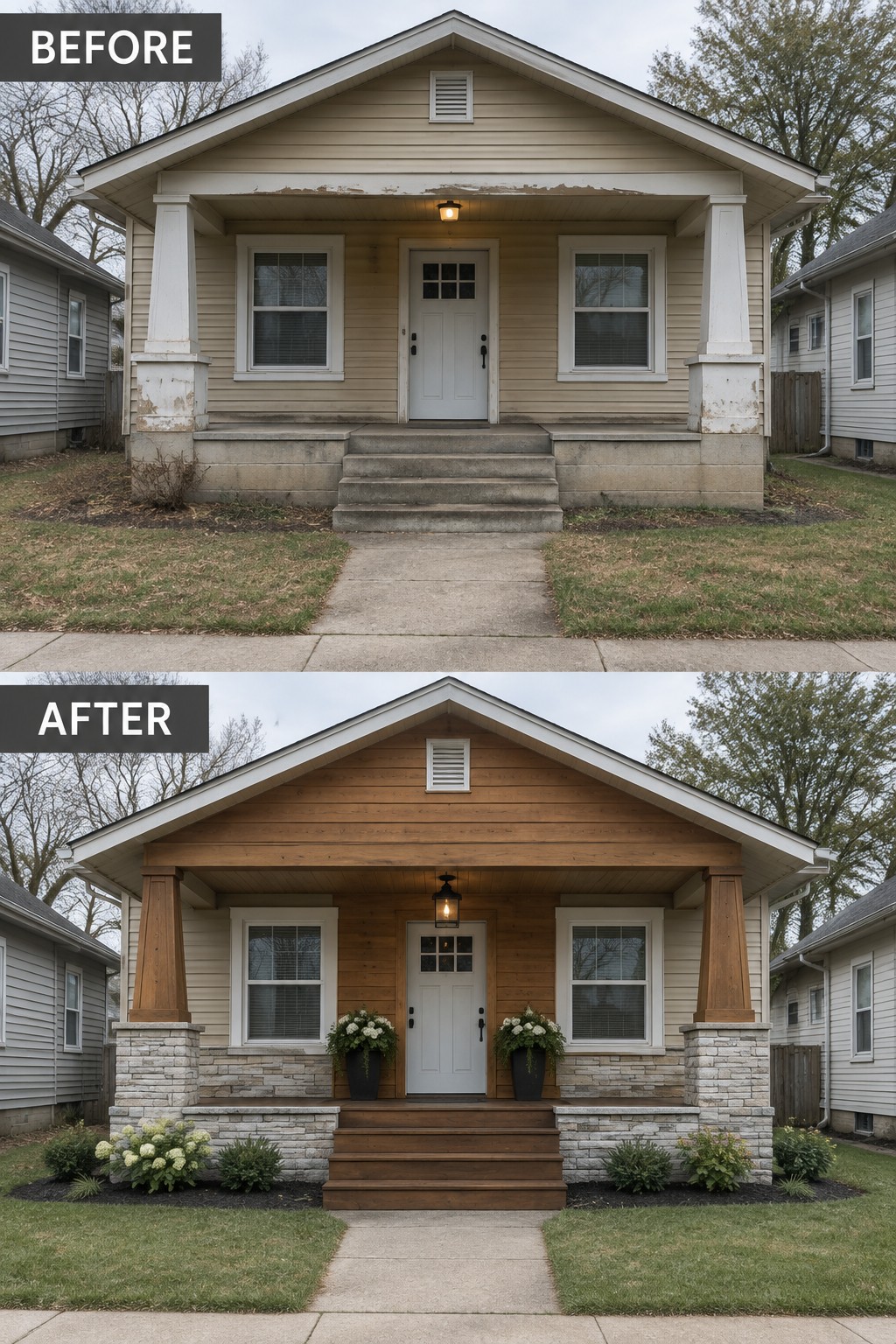 Before and after views of a house exterior renovated with wood siding and stone porch.