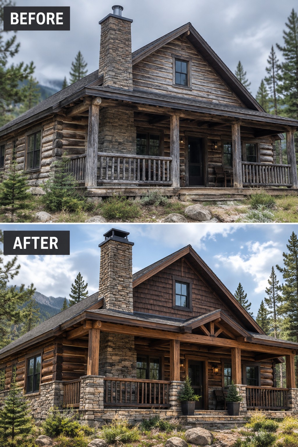 Before and after of rustic log cabin with stone chimney, porch, and forest backdrop