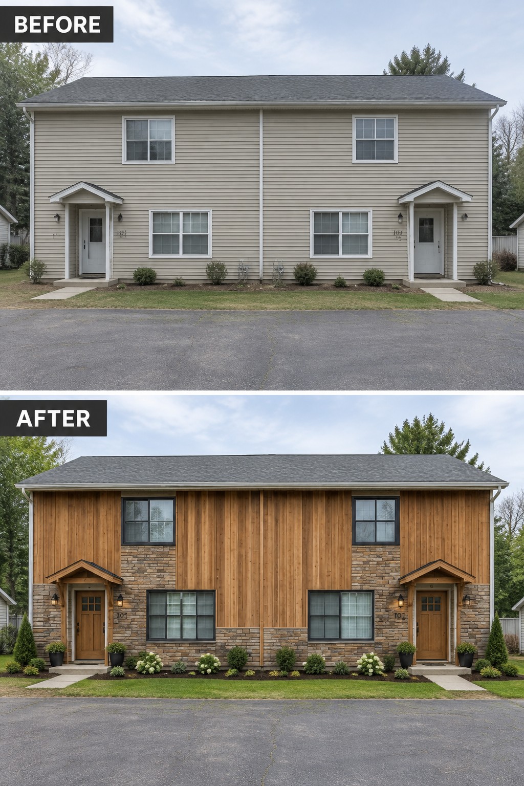 Before-after duplex renovation: beige siding replaced by wood panels, stone accents, and added landscaping.