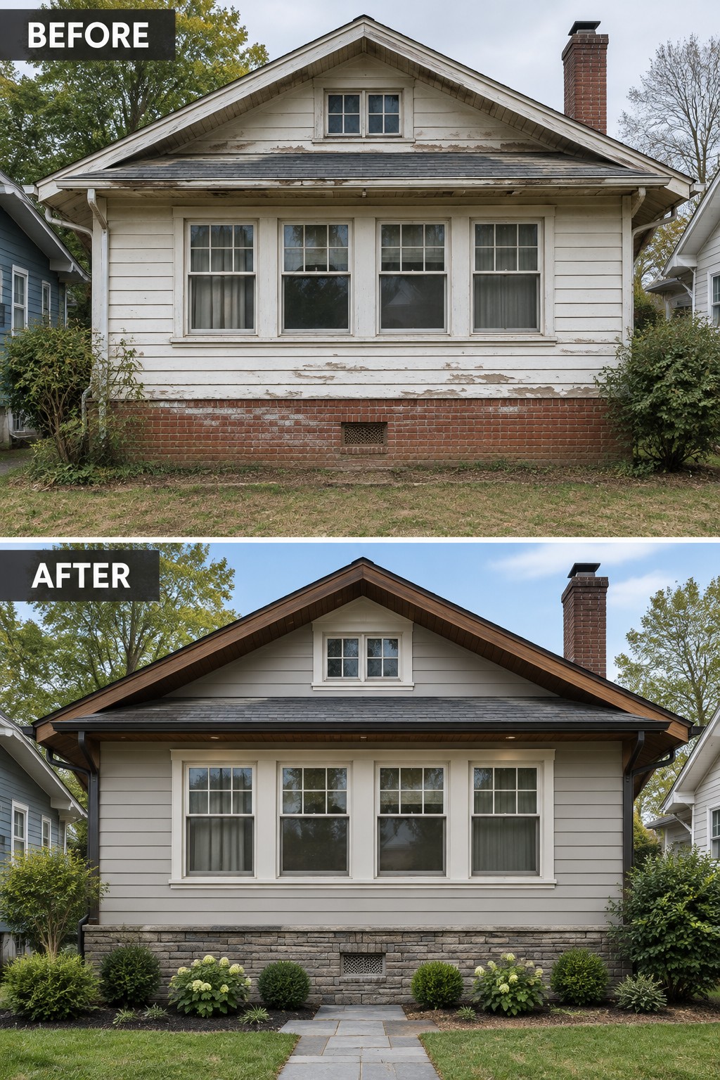 Before and after house exterior renovation with new gray siding and landscaping