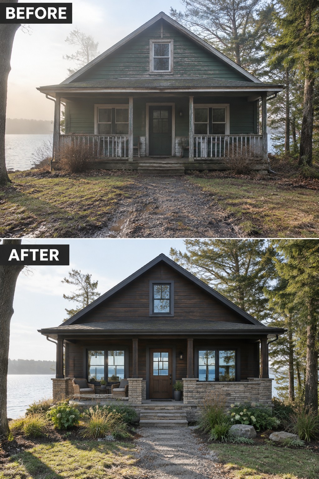 Before and after of a lakeside house renovated from green to dark wood with stone porch.