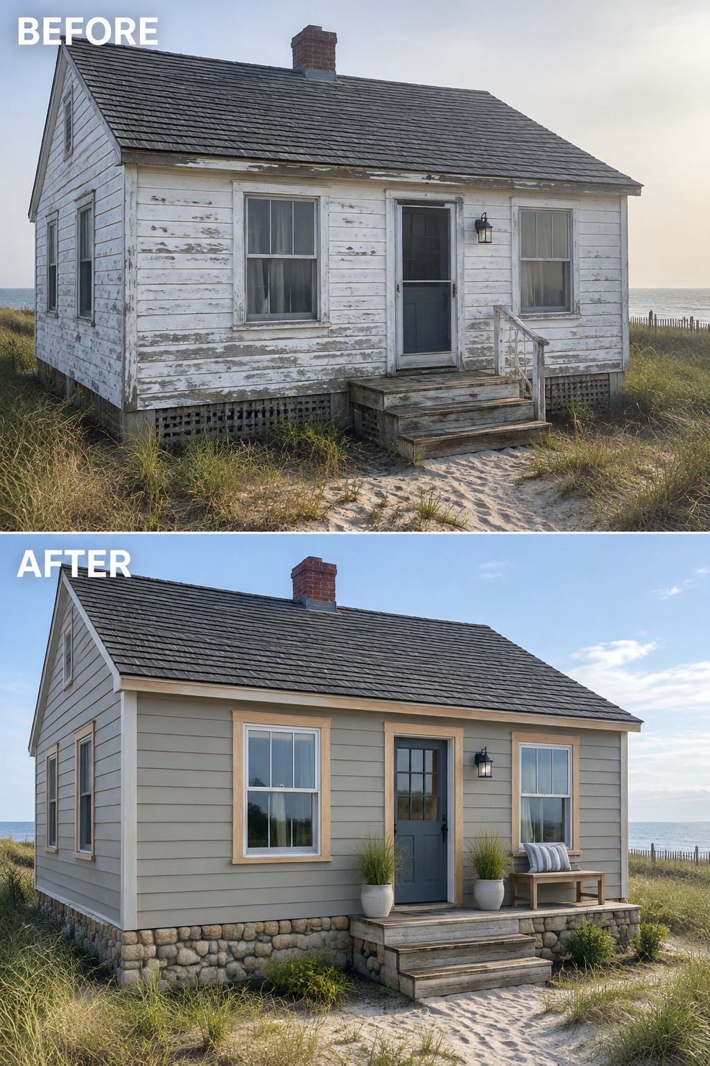 Before and after of weathered white beach house renovated with gray siding and stone foundation.