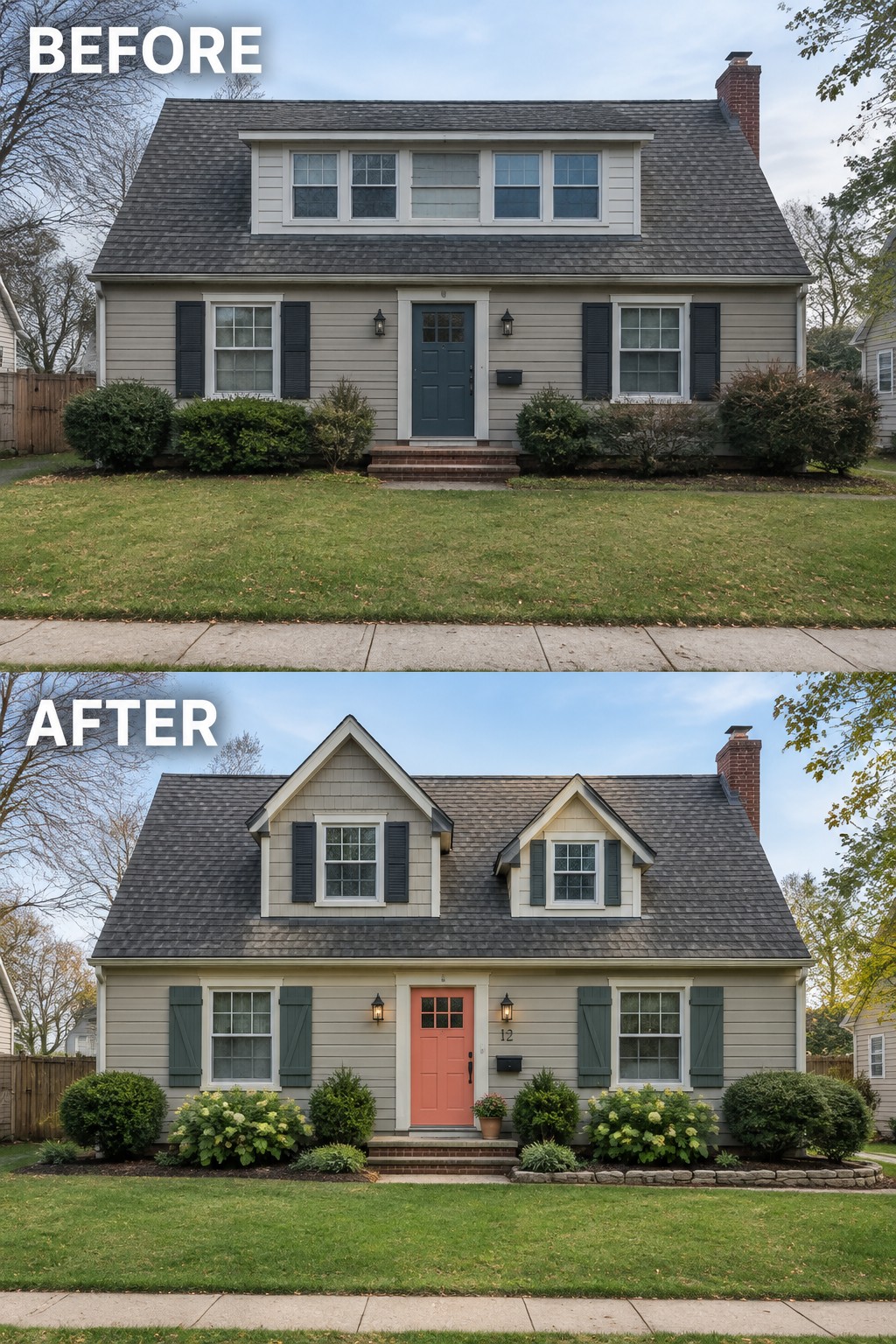 House exterior before and after with coral door, green shutters, added dormers and landscaping