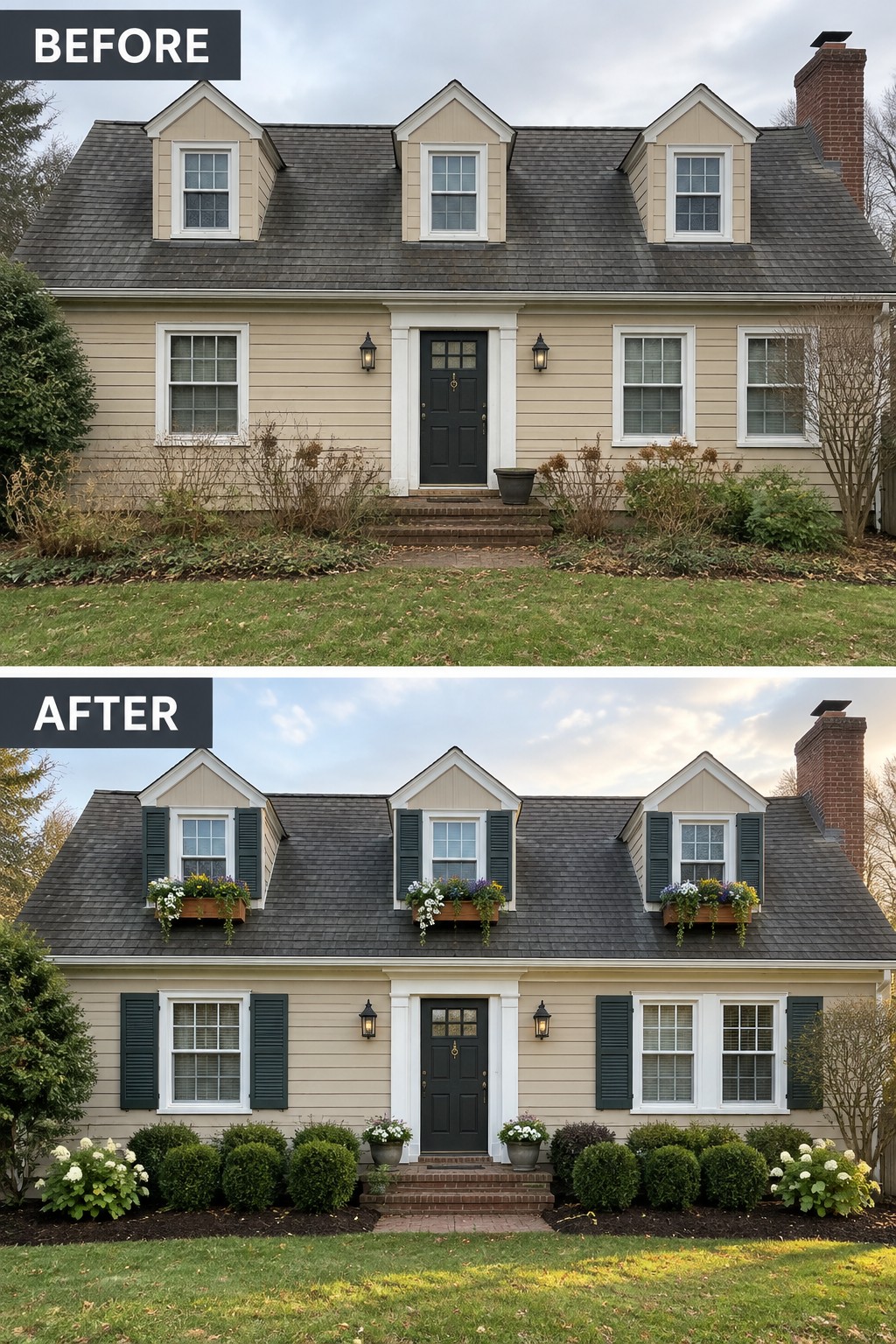 Before and after house exterior with added green shutters, flower boxes, and landscaping.