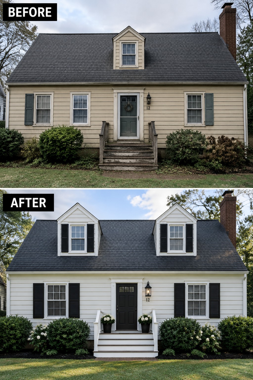 Before and after house exterior with updated white siding, black shutters and dormers