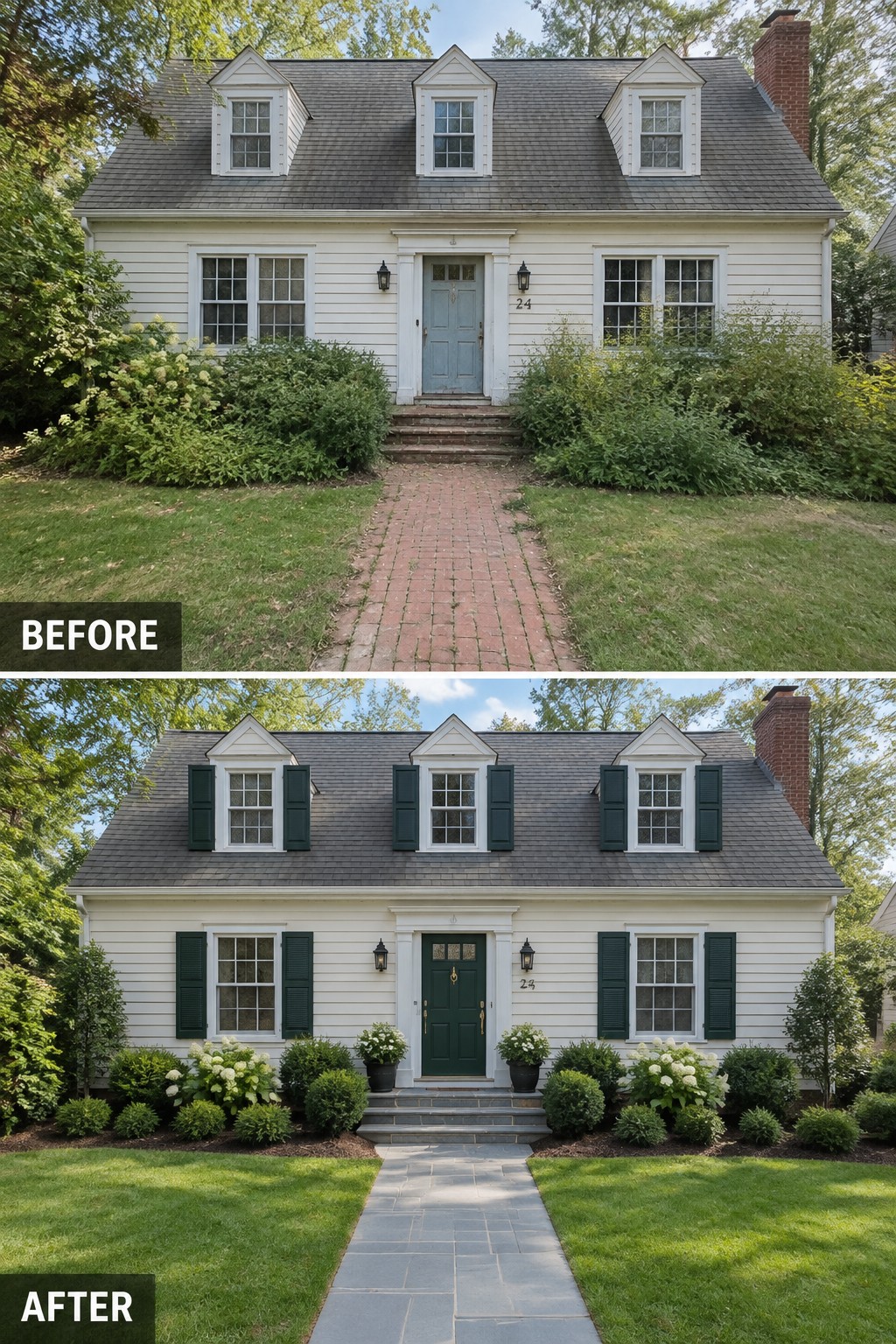 Before-and-after image of a Cape Cod house showing dormers updated with dark green shutters, a changed front door color, a new stone walkway, and cleaned-up landscaping.