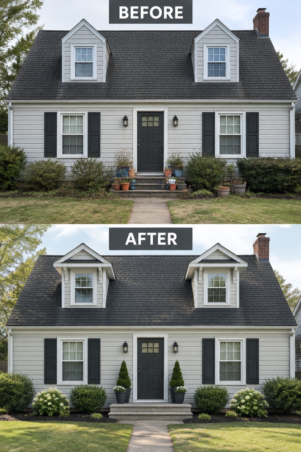 Before-and-after image of a Cape Cod house showing dormers updated with added white trim and the front beds refreshed with structured planting.
