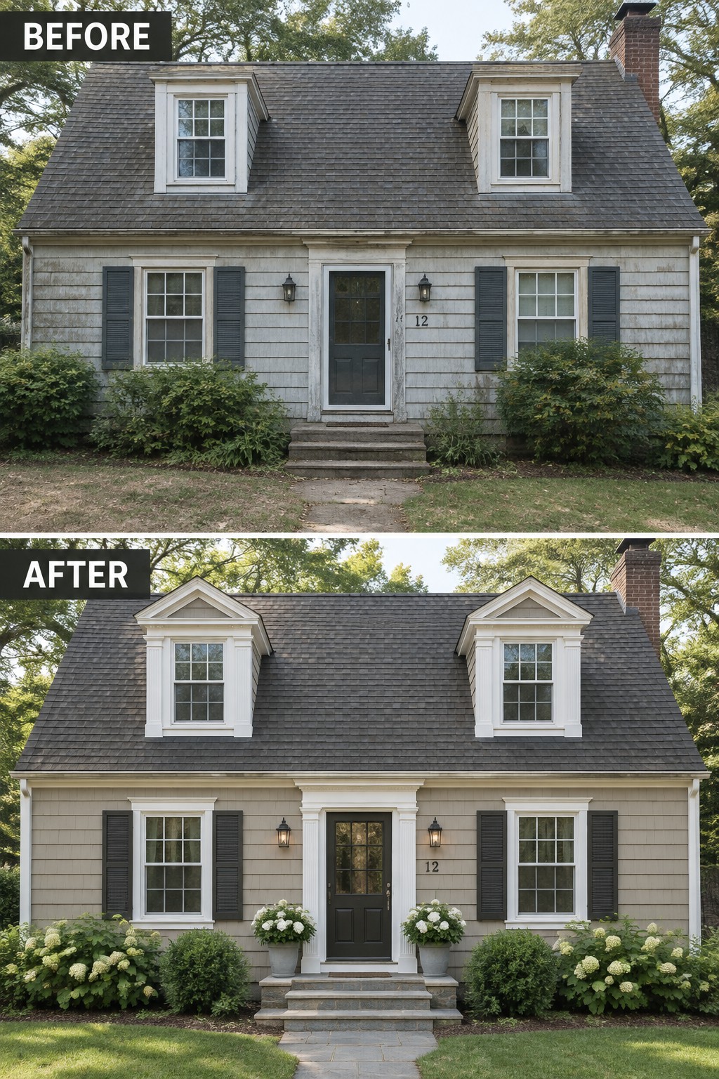 Before and after house exterior: weathered gray siding vs fresh beige paint with white trim.