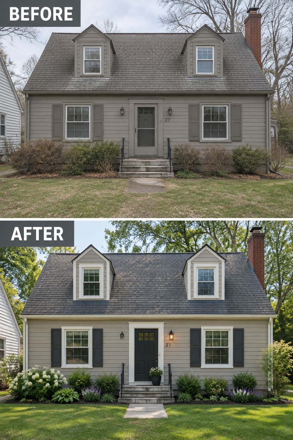 Before-and-after image of a Cape Cod house exterior with dormers updated by adding white trim, darker shutters, and a black front door with white surround.