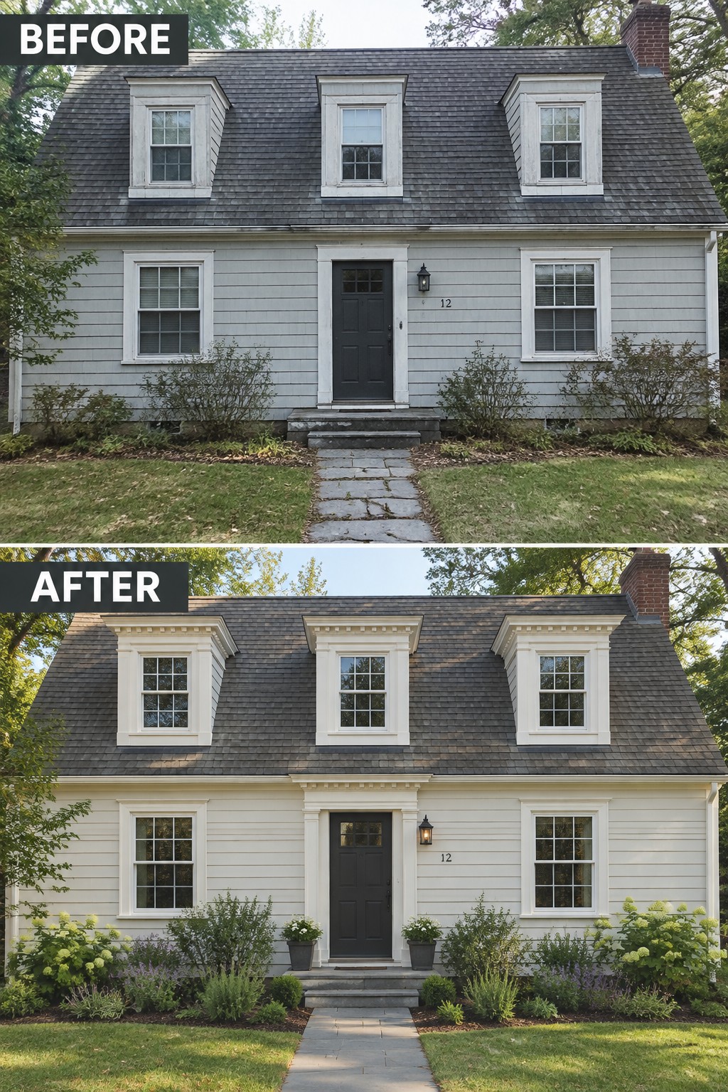 Before and after house exterior painted white with upgraded landscaping and trim.
