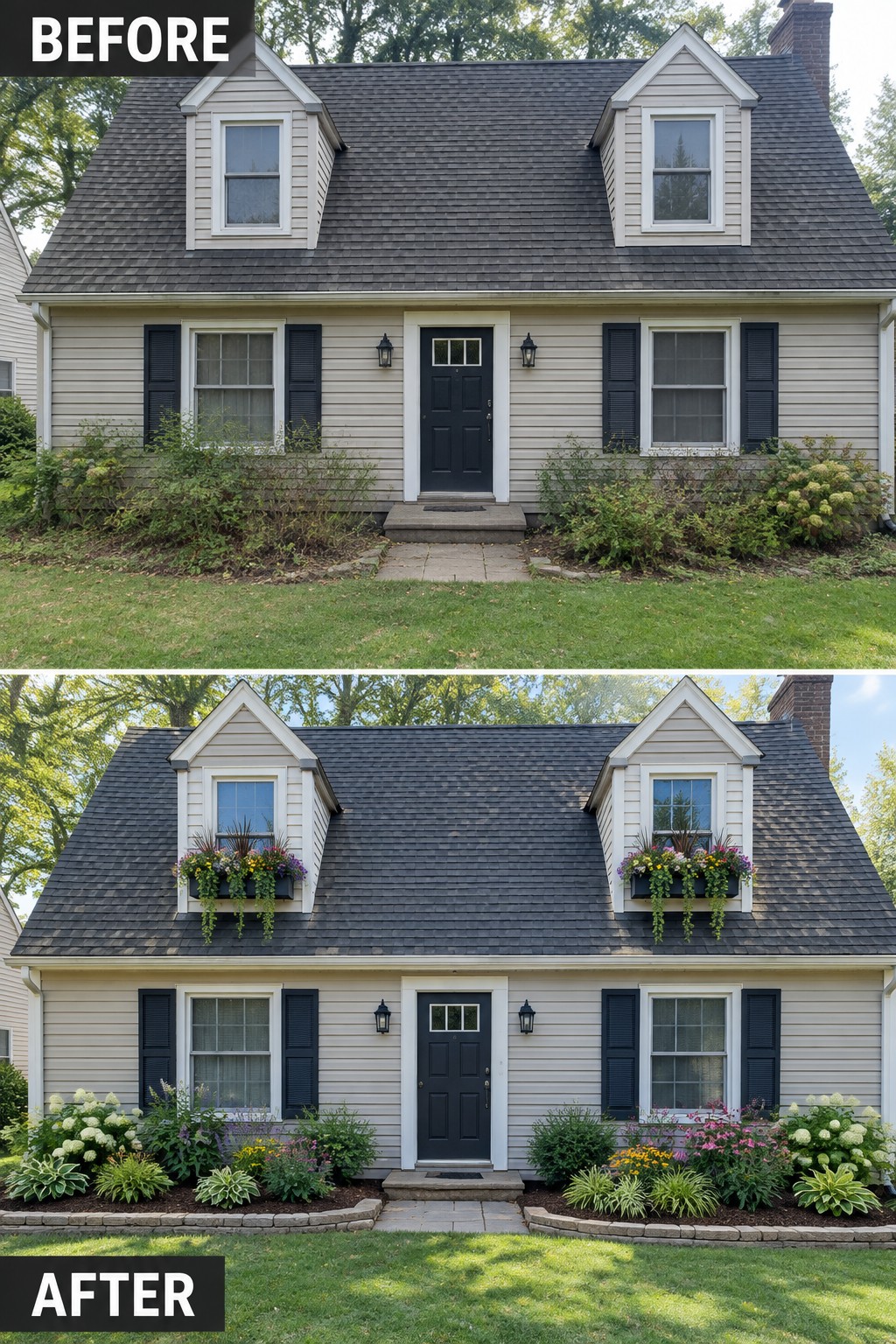 Before and after views of a house with added flower boxes and vibrant landscaping.