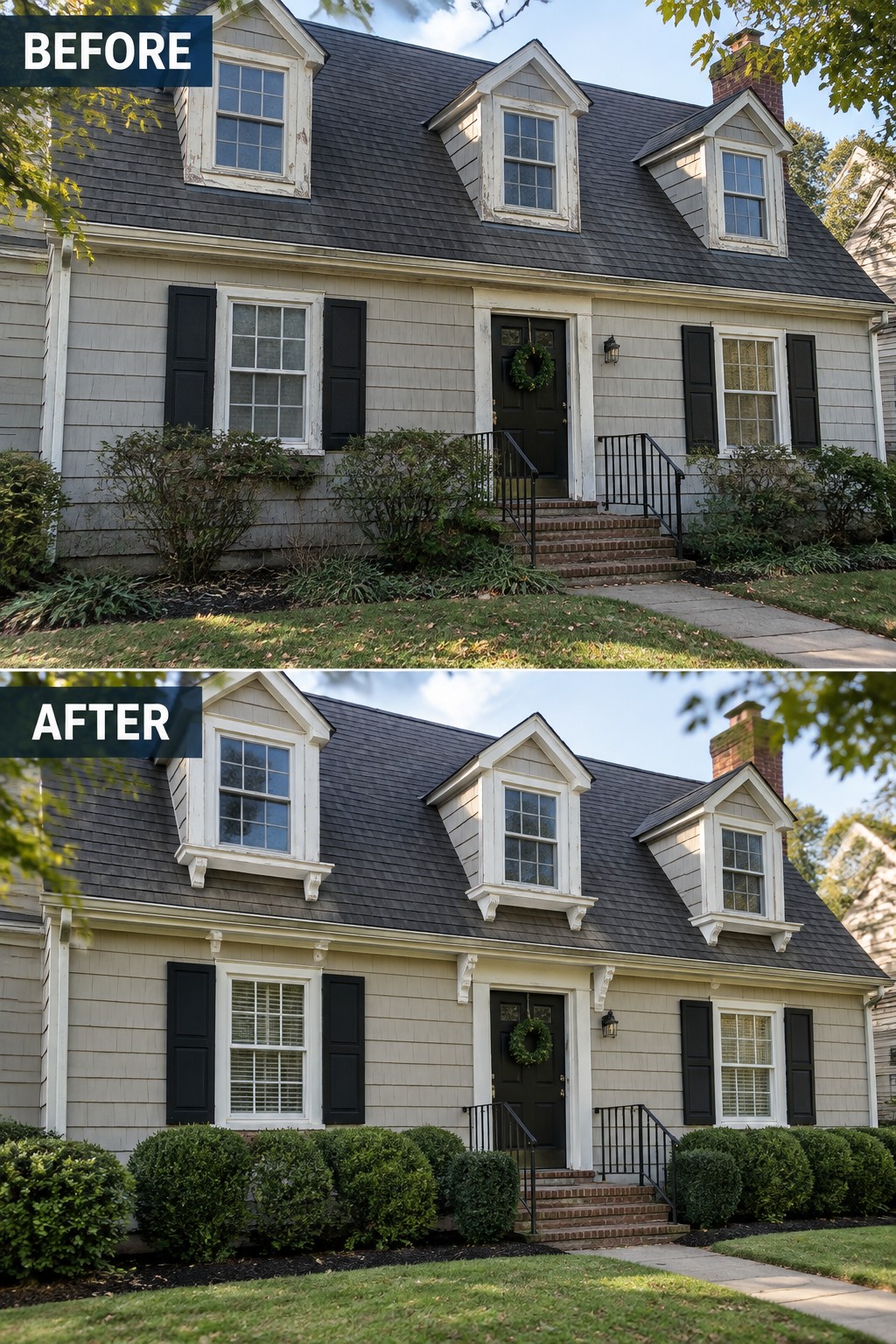 Before-and-after view of house with fresh white trim and neatly trimmed bushes.