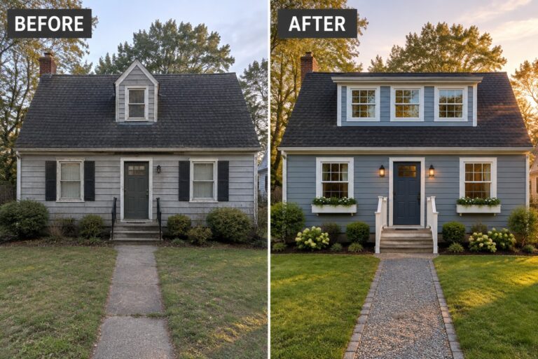 25 Smart Cape Cod Exterior Remodel Ideas Built Around Dormer Updates Before-and-after house exterior: gray siding to blue with new windows, shutters, and landscaping.
