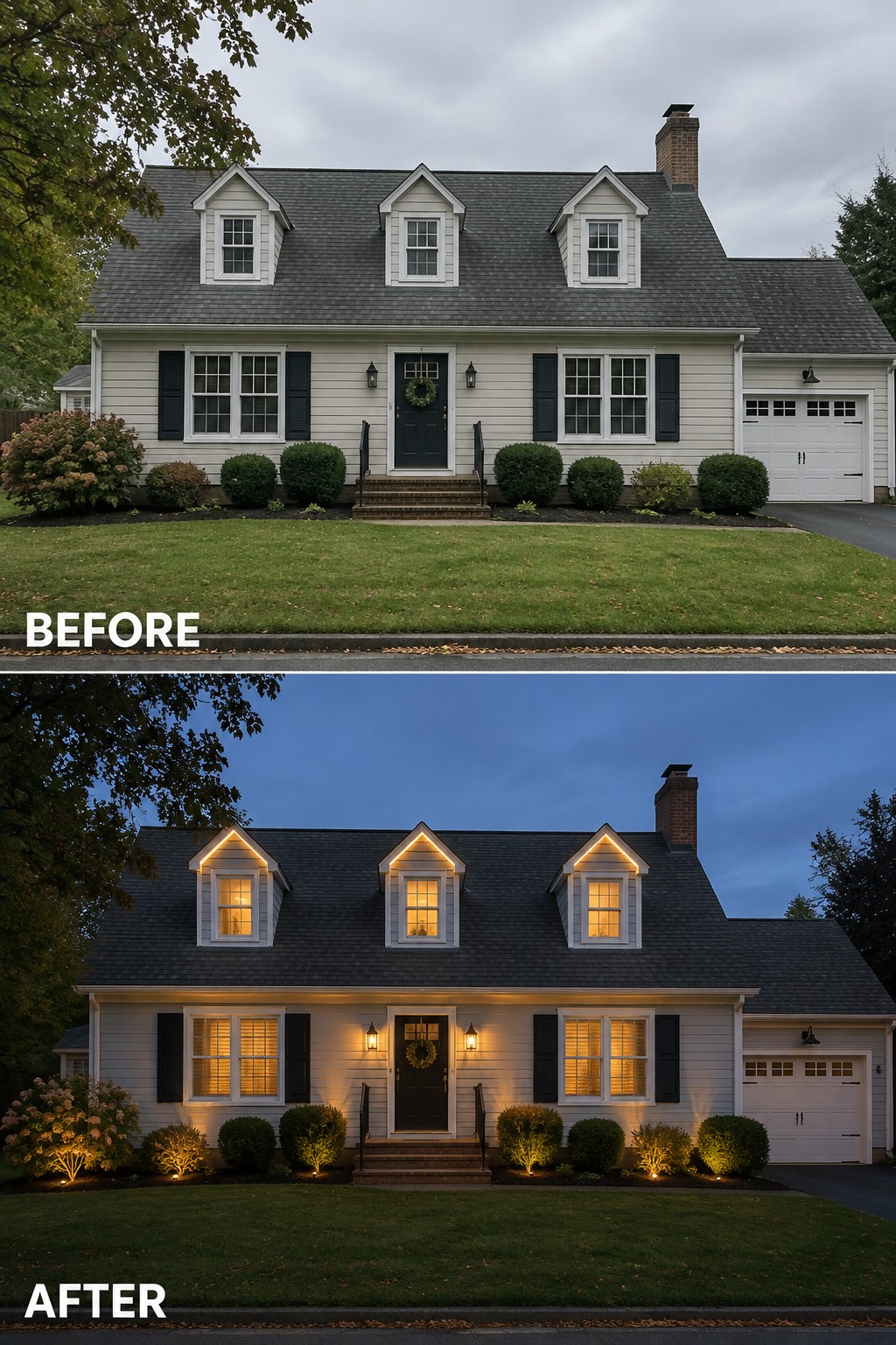 Before-and-after views of a two-story house with added dusk landscape lighting.