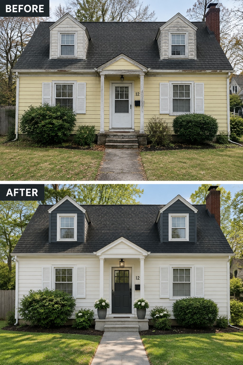 Before-and-after image of a Cape Cod house showing faded yellow siding and light dormers updated with dark dormers, white siding, and a dark front door.