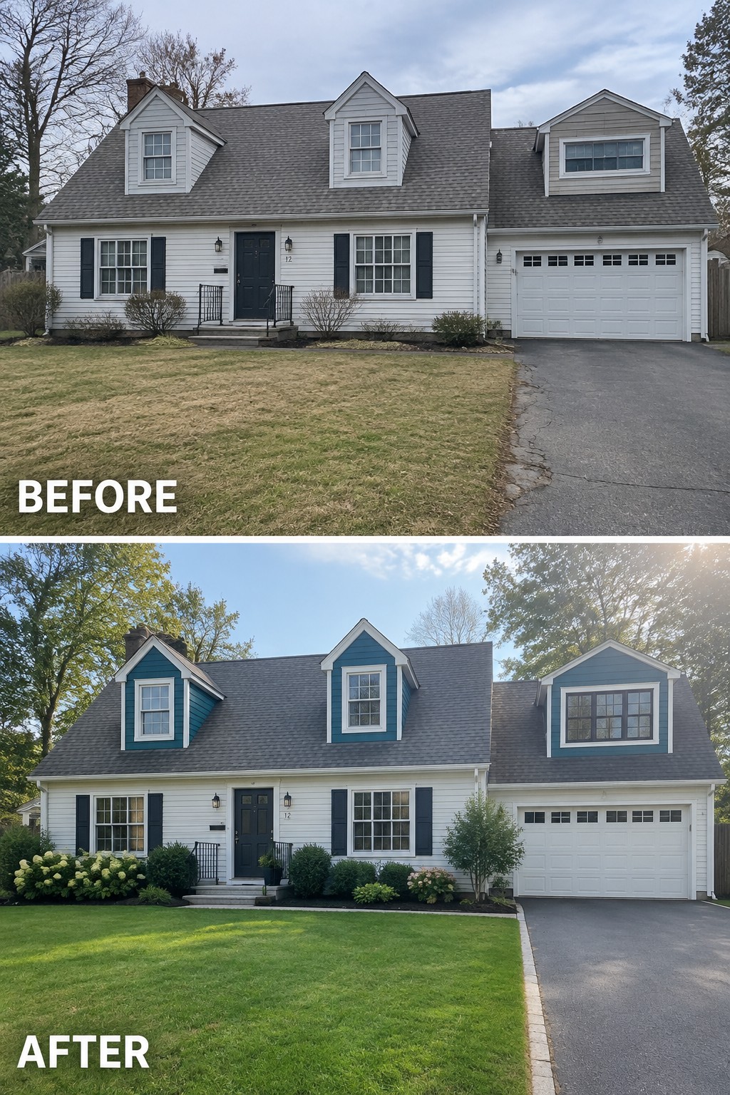 Before-and-after view of white house with teal dormers, green lawn, and new landscaping