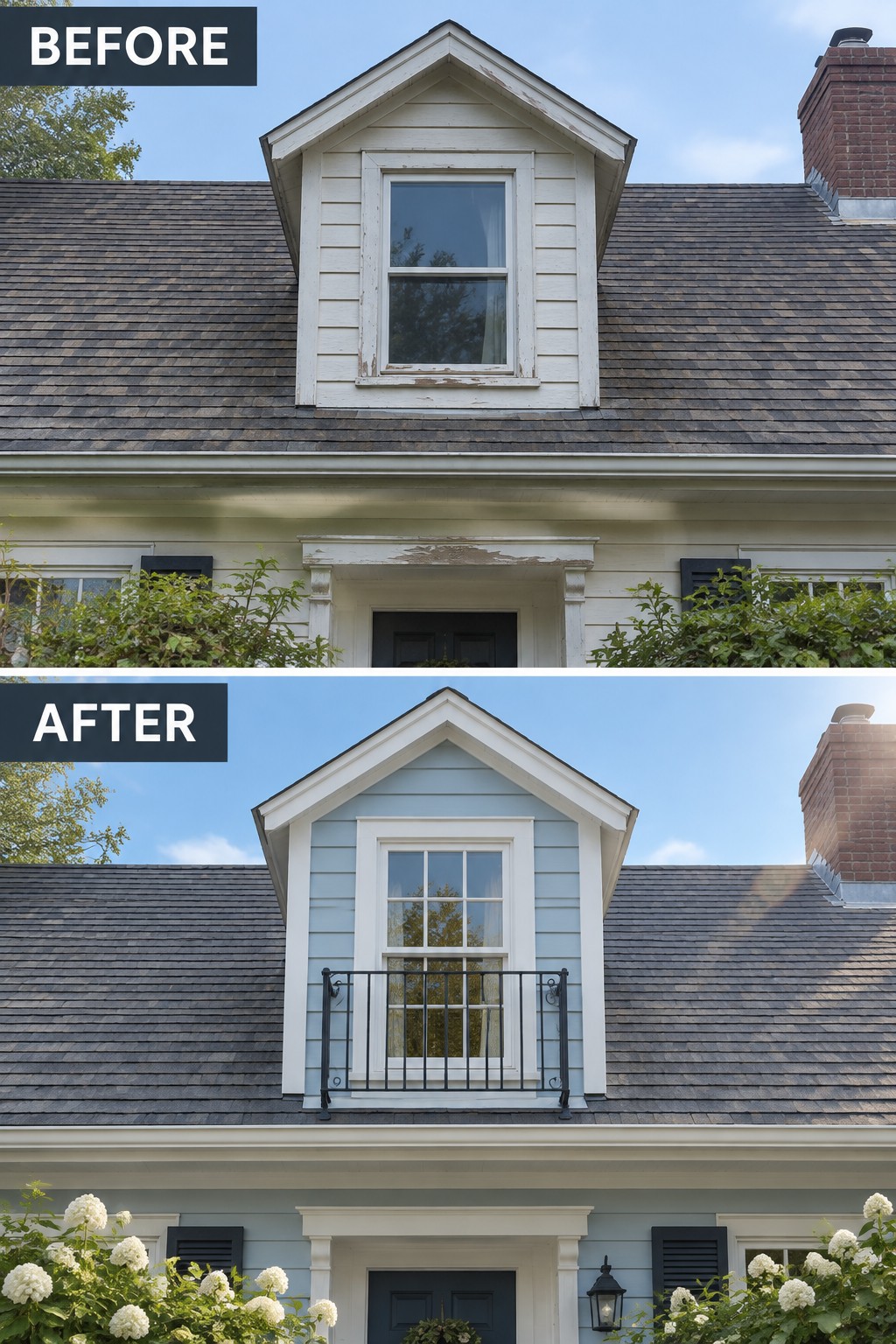 Before-and-after image of a Cape Cod house dormer updated with light blue siding, a divided window, and a black metal balcony railing.