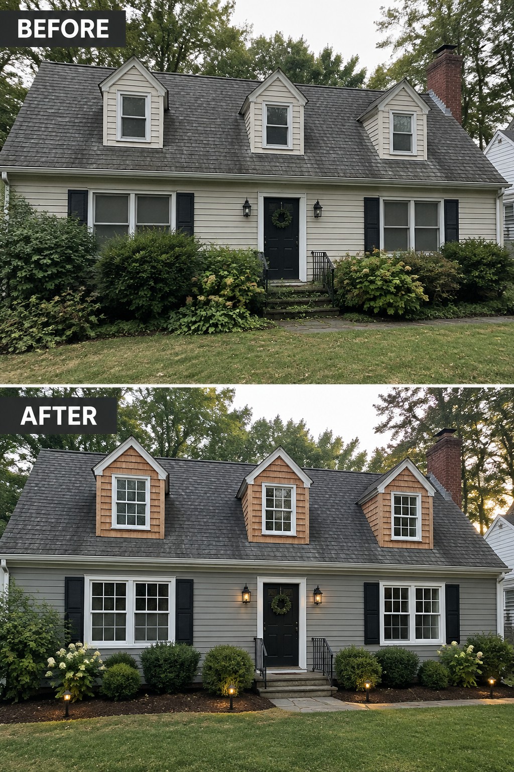 Before-and-after image of a Cape Cod house with dormers updated from painted siding to wood shingles and the main exterior repainted in gray.