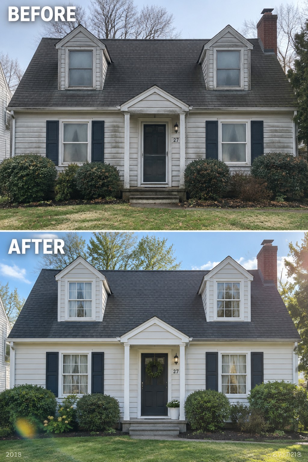 Before-and-after image of a Cape Cod house exterior refreshed with new white paint on the siding, dark shutters, and an updated front entry.