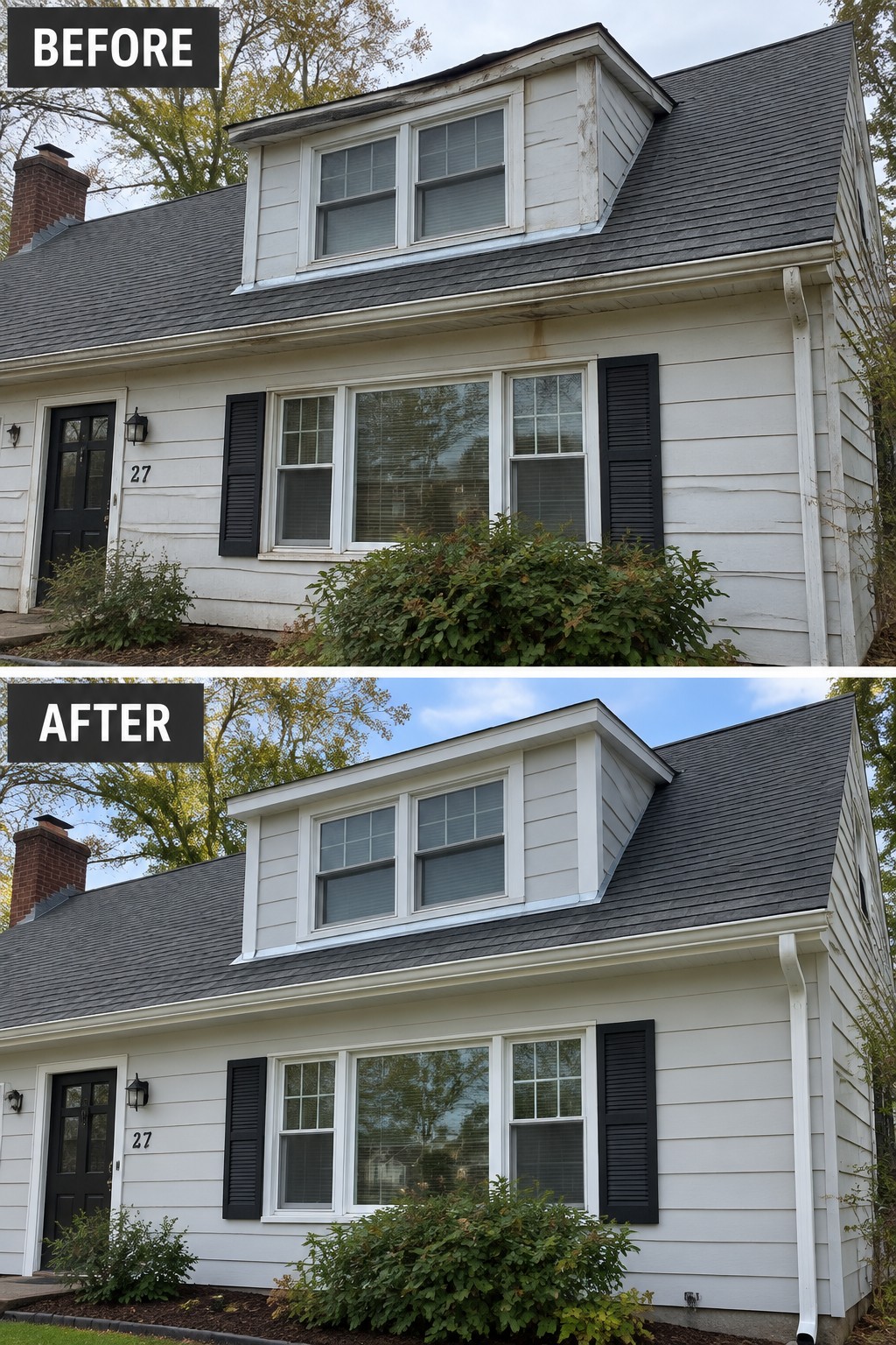 Before and after of a white house with black shutters and dormer window